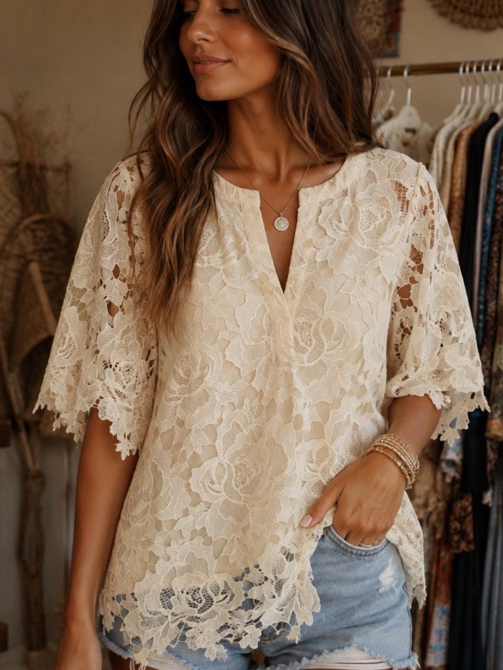 Umgee Cream Floral Lace Split-Neck Blouse